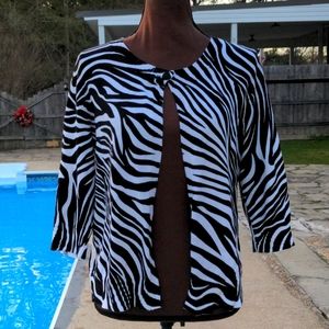 Cato Black & White Zebra Print Cotton Cardigan with Three-Quarter Length Sleeves